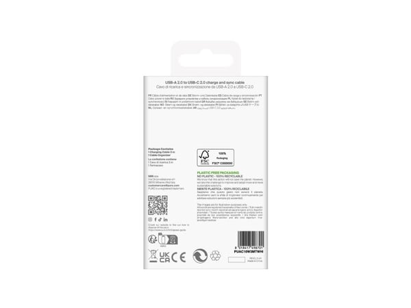 Puro TPE 10W USB-A USB-C-kaapeli 3m - valkoinen