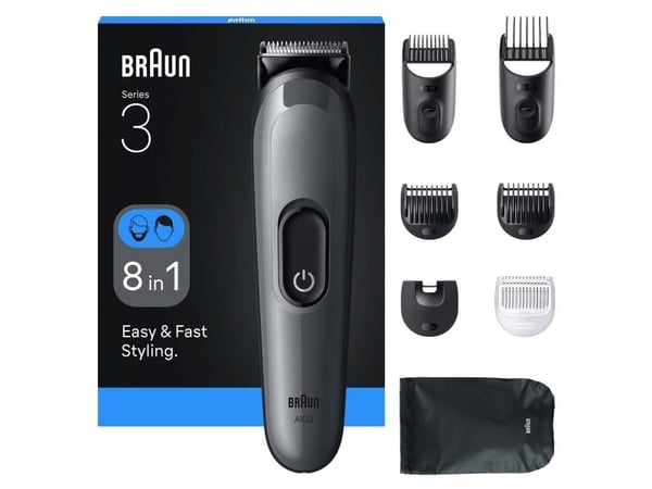 Braun AIO3540, musta, harmaa, 0,5 mm, 2,1 cm, parta, korva, kulmakarvat, kasvot, viikset, nenä, akku, 50 min.