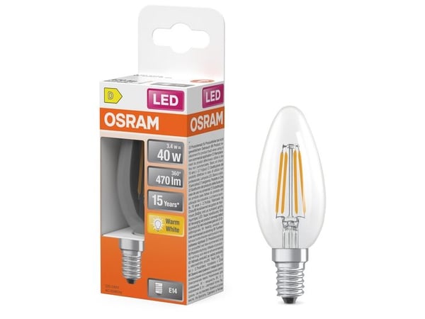OSRAM STAR - LED-filamentlyspære - form: B40 - klar finish - E14 - 3.4 W (ekvivalent 40 W) - klasse D - varmt hvitt lys - 2700 K