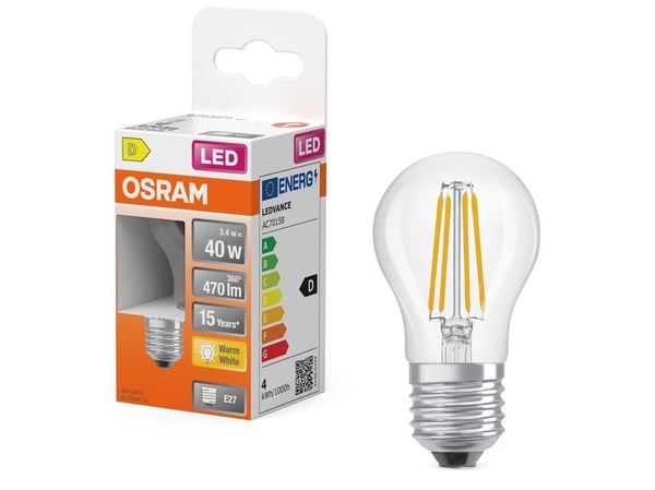 Osram 4099854467790, 3,4 W, 40 W, E27, 470 lm, 15000 timer, Varm hvit