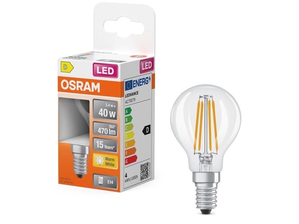 OSRAM STAR - LED-filamentlyspære - form: P40 - klar finish - E14 - 3.4 W (ekvivalent 40 W) - klasse D - varmt hvitt lys - 2700 K