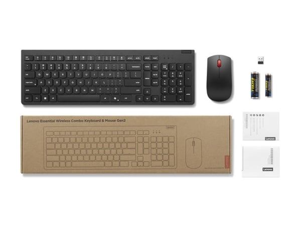 Lenovo Essential Wireless Combo Gen 2 - Tastatur- og mussett - trådløs - 2.4 GHz - AZERTY - Belgisk engelsk - svart - brun boks