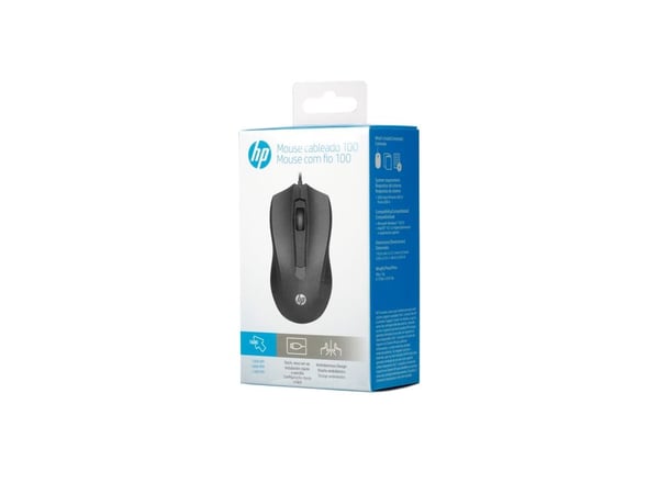 HP Wired Mouse 100, Molempikätinen, Optinen, USB A-tyyppi, 1600 DPI, Musta