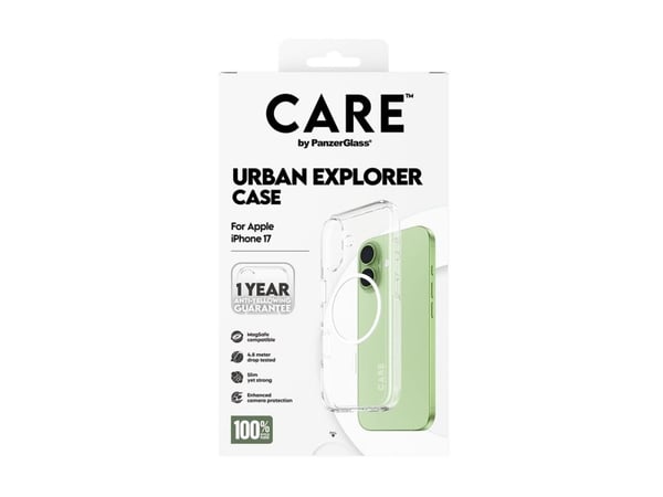 PanzerGlass CARE™ by ® Urban Explorer Case Transparent w. White MagSafe iPhone 17, Suojus, Apple, Apple - iPhone 17, Läpinäkyvä