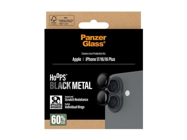 PanzerGlass ® Hoops® Camera Lens Protector Black iPhone 17 | iPhone 16 | 16 Plus, Apple, Apple - iPhone 17, Apple - iPhone 16, Apple - iPhone 16 Pl...
