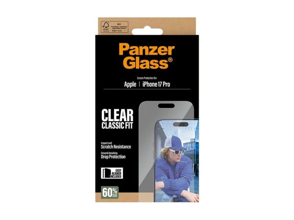 PanzerGlass - Skjermbeskyttelse for mobiltelefon - klassisk passform med EasyAligner - glass - blank - for Apple iPhone 17 Pro