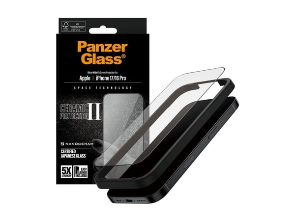 PanzerGlass Ceramic Protection II - Skärmskydd för mobiltelefon - ultrabred passning med EasyAligner - glas - ramfärg svart - för Apple iPhone 16 P...