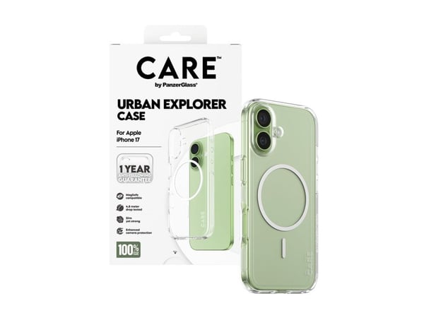 PanzerGlass CARE™ by ® Urban Explorer Case Transparent w. White MagSafe iPhone 17, Suojus, Apple, Apple - iPhone 17, Läpinäkyvä