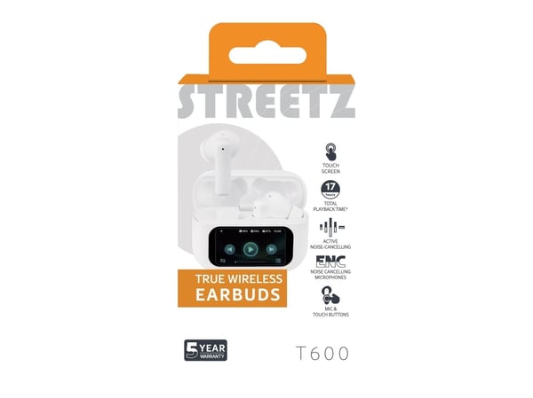 Streetz T600-WHT, True Wireless Stereo (TWS), Samtaler/musikk, 20 - 20000 Hz, 60 g, Hodesett, Svart