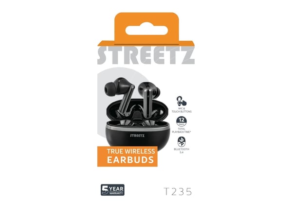 Streetz T235 TWS earphones black, True Wireless Stereo (TWS), Samtaler/musikk, 20 - 20000 Hz, 40 g, Hodesett, Svart