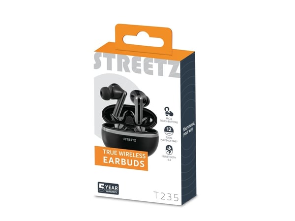 Streetz T235 TWS earphones black, True Wireless Stereo (TWS), Samtaler/musikk, 20 - 20000 Hz, 40 g, Hodesett, Svart