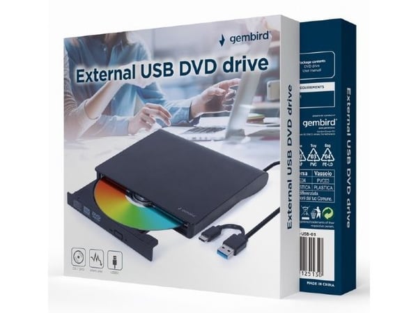 Gembird DVD-USB-031-BW, musta, Etu, CE, Työpöytä, DVD±RW, USB Type-C