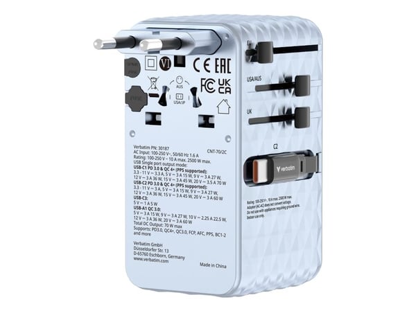 Verbatim EU/UK/USA matkasovitin GaN 1xUSB-C/1xUSB-A/2xUSB-C PD 70W sininen 30187