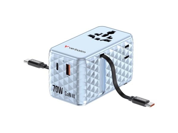 Verbatim EU/UK/USA matkasovitin GaN 1xUSB-C/1xUSB-A/2xUSB-C PD 70W sininen 30187