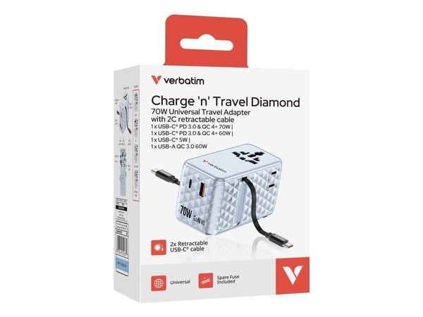 Verbatim EU/UK/USA matkasovitin GaN 1xUSB-C/1xUSB-A/2xUSB-C PD 70W sininen 30187