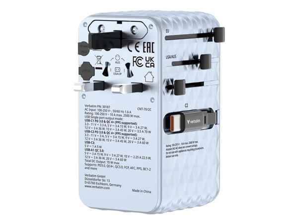 Verbatim EU/UK/USA matkasovitin GaN 1xUSB-C/1xUSB-A/2xUSB-C PD 70W sininen 30187
