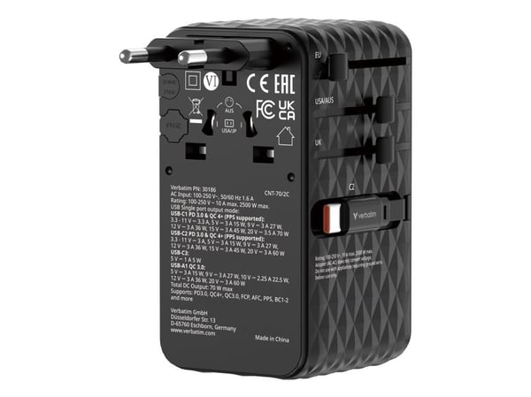 Verbatim EU/UK/USA reiseadapter GaN 1xUSB-C/1xUSB-A/2xUSB-C PD 70W svart 30186
