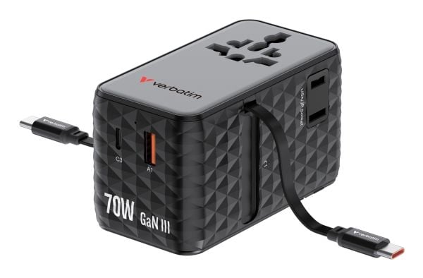 Verbatim EU/UK/USA reiseadapter GaN 1xUSB-C/1xUSB-A/2xUSB-C PD 70W svart 30186