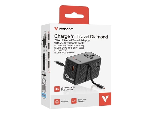 Verbatim EU/UK/USA reiseadapter GaN 1xUSB-C/1xUSB-A/2xUSB-C PD 70W svart 30186