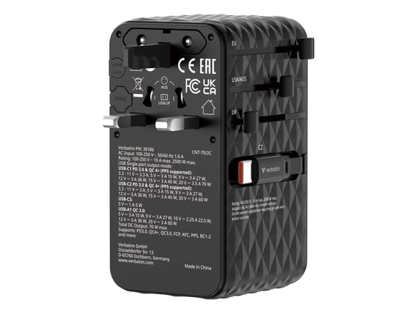 Verbatim EU/UK/USA reiseadapter GaN 1xUSB-C/1xUSB-A/2xUSB-C PD 70W svart 30186