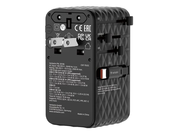Verbatim EU/UK/USA reiseadapter GaN 1xUSB-C/1xUSB-A/2xUSB-C PD 70W svart 30186