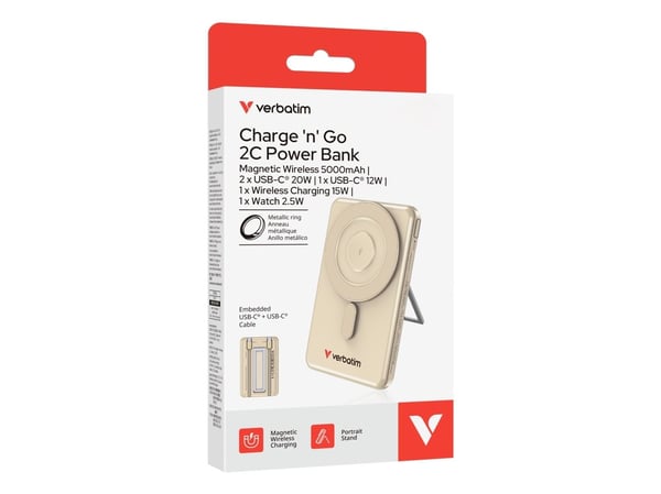 Verbatim Charge 'n' Go - Trådløs nødlader - magnetisk, to kabler - 5000 mAh - 38.5 Wh - 20 watt - 2.4 A - PD 3.0, Fast Charge, Apple 2.4A, QC 3.0 -...