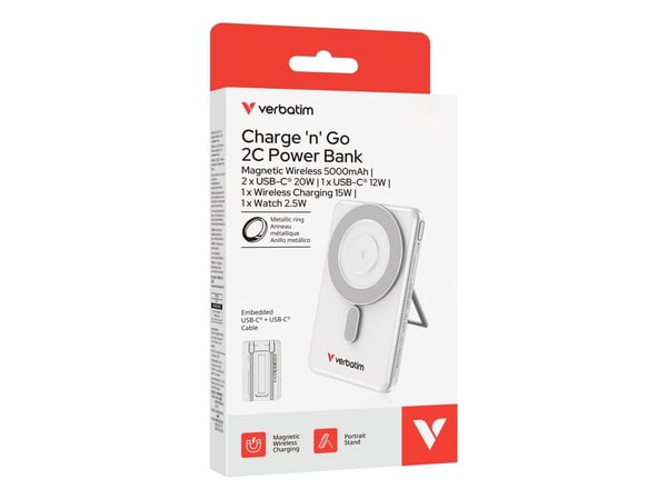 Verbatim Charge 'n' Go - Trådløs nødlader - magnetisk, to kabler - 5000 mAh - 20 watt - 2.4 A - PD 3.0, Fast Charge - 2 utgangskontakter (USB-C) - ...