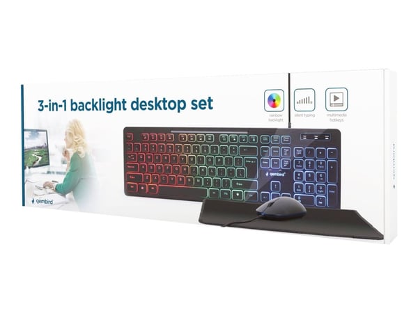 Gembird KBS-UML-01 - Tangentbord, mus och musmattskonfiguration - bakgrundsbelyst - USB - amerikansk - detaljhandel - färglåda