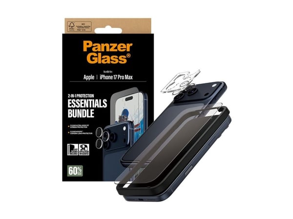 PanzerGlass - 2-in-1 Essentials Bundle - skjerm- / linsebeskytterkit for mobiltelefon - glass - rammefarge svart - for Apple iPhone 17 Pro Max