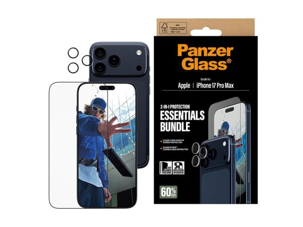 PanzerGlass - 2-in-1 Essentials Bundle - skjerm- / linsebeskytterkit for mobiltelefon - glass - rammefarge svart - for Apple iPhone 17 Pro Max