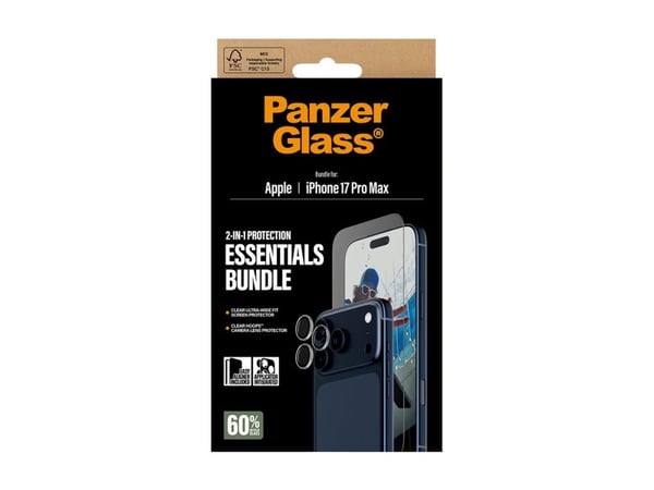 PanzerGlass - 2-in-1 Essentials Bundle - skjerm- / linsebeskytterkit for mobiltelefon - glass - rammefarge svart - for Apple iPhone 17 Pro Max