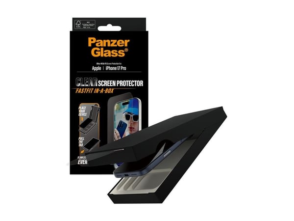 PanzerGlass - Skjermbeskyttelse for mobiltelefon - ultra-bred passform med FASTFIT IN-A-BOX - glass - rammefarge svart - for Apple iPhone 17 Pro