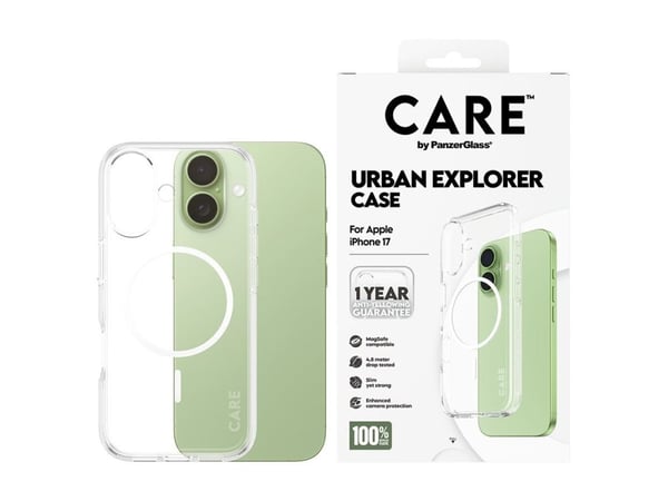 PanzerGlass CARE™ by ® Urban Explorer Case Transparent w. White MagSafe iPhone 17, Suojus, Apple, Apple - iPhone 17, Läpinäkyvä