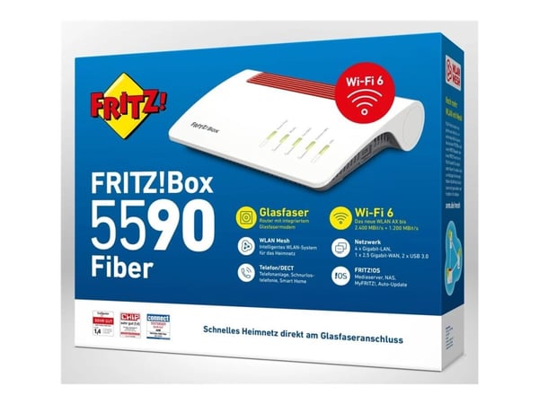 FRITZ!Box 5590 Fiber - Trådløs ruter - maske - GPON-terminal / talekort 1GbE, 2.5GbE, GPON, AON - Wi-Fi 6 - Dobbeltbånd - VoIP-telefonadapter (DECT)