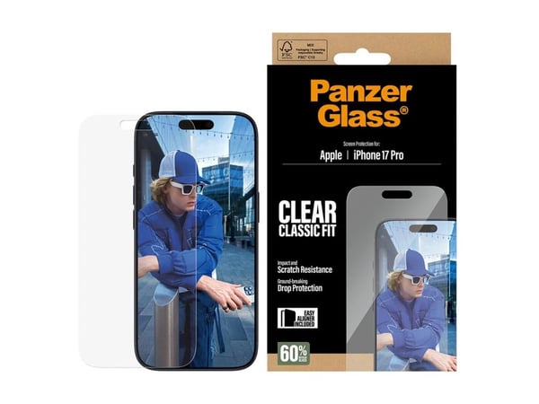 PanzerGlass - Skjermbeskyttelse for mobiltelefon - klassisk passform med EasyAligner - glass - blank - for Apple iPhone 17 Pro