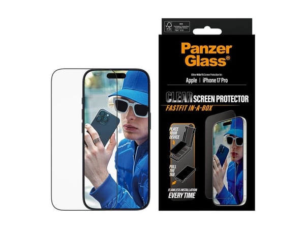 PanzerGlass - Skjermbeskyttelse for mobiltelefon - ultra-bred passform med FASTFIT IN-A-BOX - glass - rammefarge svart - for Apple iPhone 17 Pro