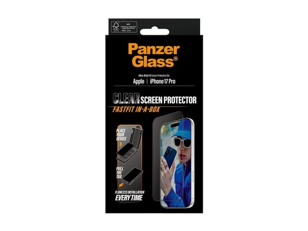 PanzerGlass - Skjermbeskyttelse for mobiltelefon - ultra-bred passform med FASTFIT IN-A-BOX - glass - rammefarge svart - for Apple iPhone 17 Pro