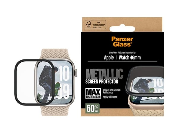 PanzerGlass - Skjermbeskyttelse for smart armbåndsur - metallisk - glass - rammefarge svart - for Apple Watch (46 mm)