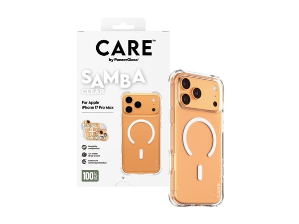 PanzerGlass CARE™ by ® Samba Case Transparent w. White MagSafe iPhone 17 Pro Max, Suojus, Apple, Apple - iPhone 17 Pro Max, Läpinäkyvä