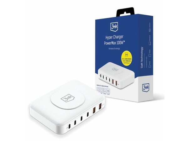3MK Hyper Charger PowerMax 100W 4xUSB-C + 2xUSB-A ladestasjon med lader induksjon QC+PD