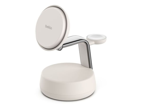 Belkin UltraCharge Pro - Trådløst ladestativ - 3-i-1, Qi2 + AC-strømadapter - 25 watt - Fast Charge - sand