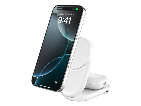 Belkin UltraCharge - Trådløst ladestativ - 2-i-1, Qi2, magnetisk, sammenleggbar + AC-strømadapter - 25 watt - Ultra Fast Charge (USB-C) - hvit