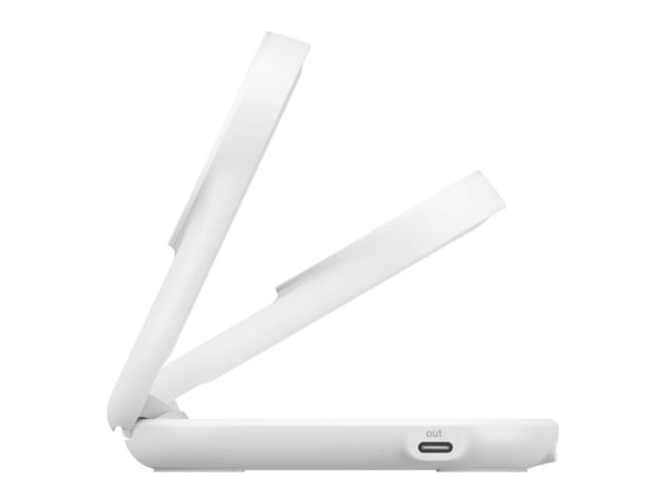 Belkin UltraCharge - Trådløst ladestativ - 2-i-1, Qi2, magnetisk, sammenleggbar + AC-strømadapter - 25 watt - Ultra Fast Charge (USB-C) - hvit