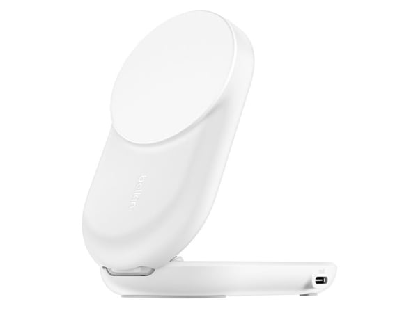 Belkin UltraCharge - Trådløst ladestativ - 2-i-1, Qi2, magnetisk, sammenleggbar + AC-strømadapter - 25 watt - Ultra Fast Charge (USB-C) - hvit