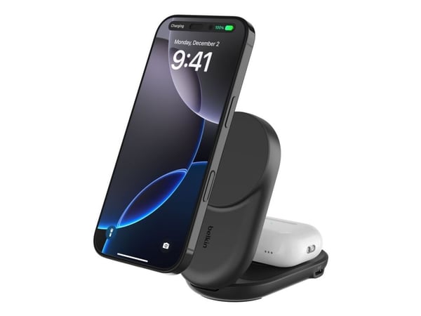 Belkin UltraCharge - Trådløst ladestativ - 2-i-1, Qi2, magnetisk, sammenleggbar + AC-strømadapter - 25 watt - Fast Charge (USB-C) - svart