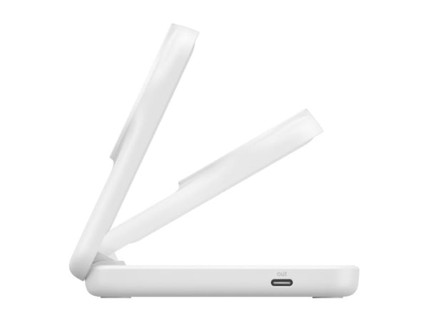 Belkin UltraCharge - Trådløst ladestativ - 2-i-1, Qi2, magnetisk, sammenleggbar + AC-strømadapter - 25 watt - Ultra Fast Charge (USB-C) - hvit