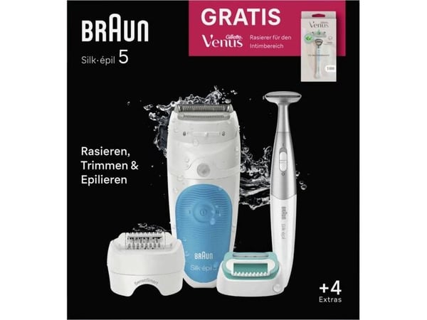 Braun Silk-épil 5 810 +Gillette Venus Trimmer, Blå, Hvit, 28 pinsetter, MicroGrip, Epilering, Barbering, Boks, 184 mm