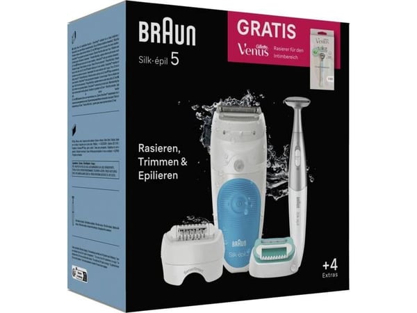 Braun Silk-épil 5 810 +Gillette Venus Trimmer, Blå, Hvit, 28 pinsetter, MicroGrip, Epilering, Barbering, Boks, 184 mm