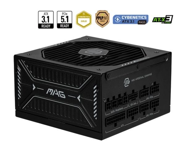 MSI MAG A850GLS PCIE5, 850 W, 100 - 240 V, 1870 W, 47 - 63 Hz, aktiv, 90