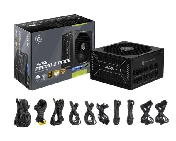 MSI MAG A850GLS PCIE5, 850 W, 100 - 240 V, 1870 W, 47 - 63 Hz, aktiv, 90